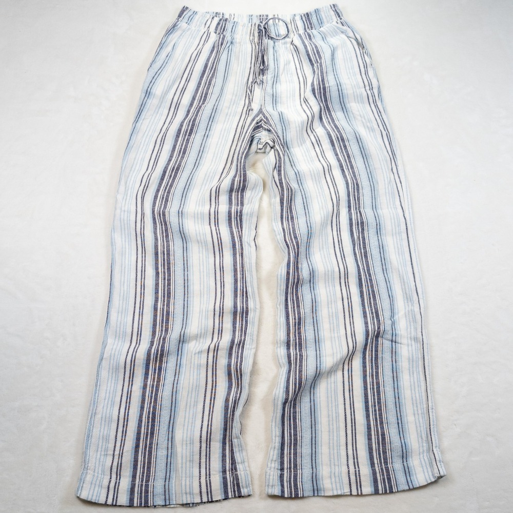 Briggs Linen Blend Pants Women M Blue White Striped Wide Leg Coastal Nautical